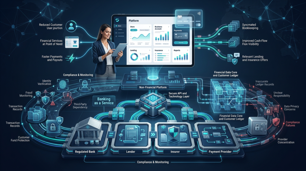 Embedded finance connecting payments, banking, lending, insurance, and BaaS APIs