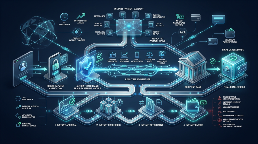 Real-time payments connecting instant processing, payment gateways, banks, and fraud controls