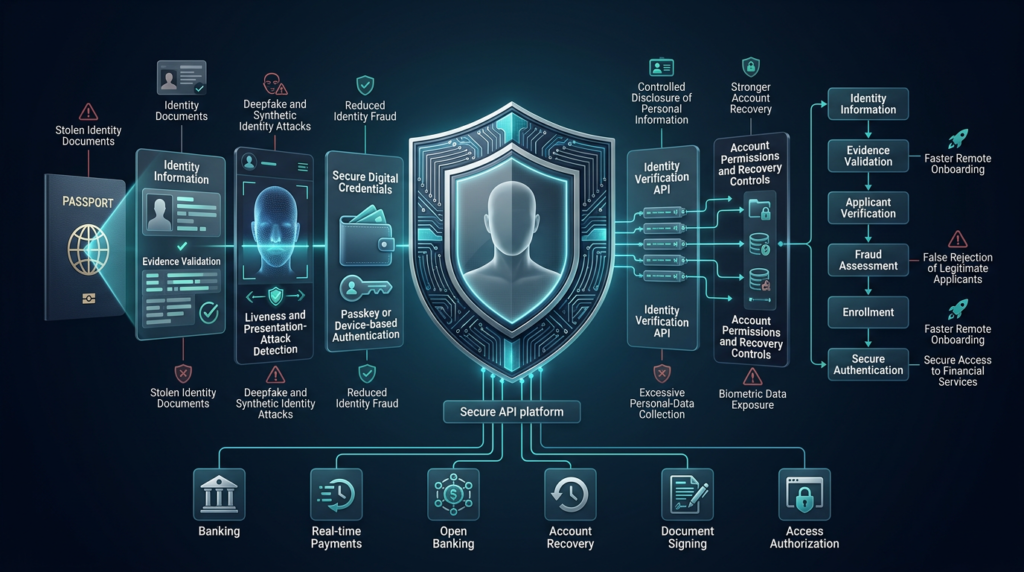 Digital identity verification using documents, biometrics, secure credentials, and identity APIs