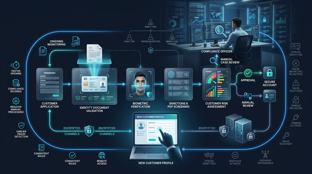eKYC verification using identity documents, biometrics, sanctions screening, and compliance software