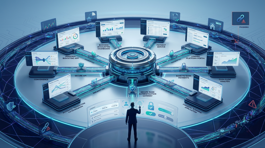 Open banking APIs connecting bank accounts with secure fintech services